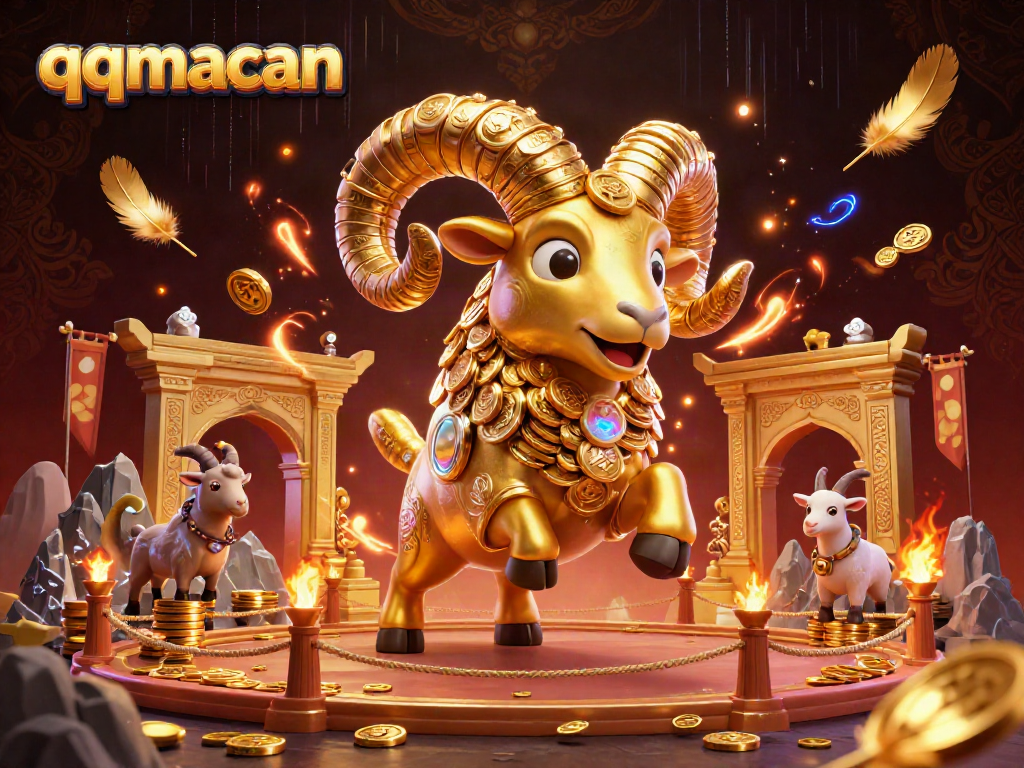 Permainan qqmacan yang seru dengan ram emas dan koin bersinar di arena taruhan.