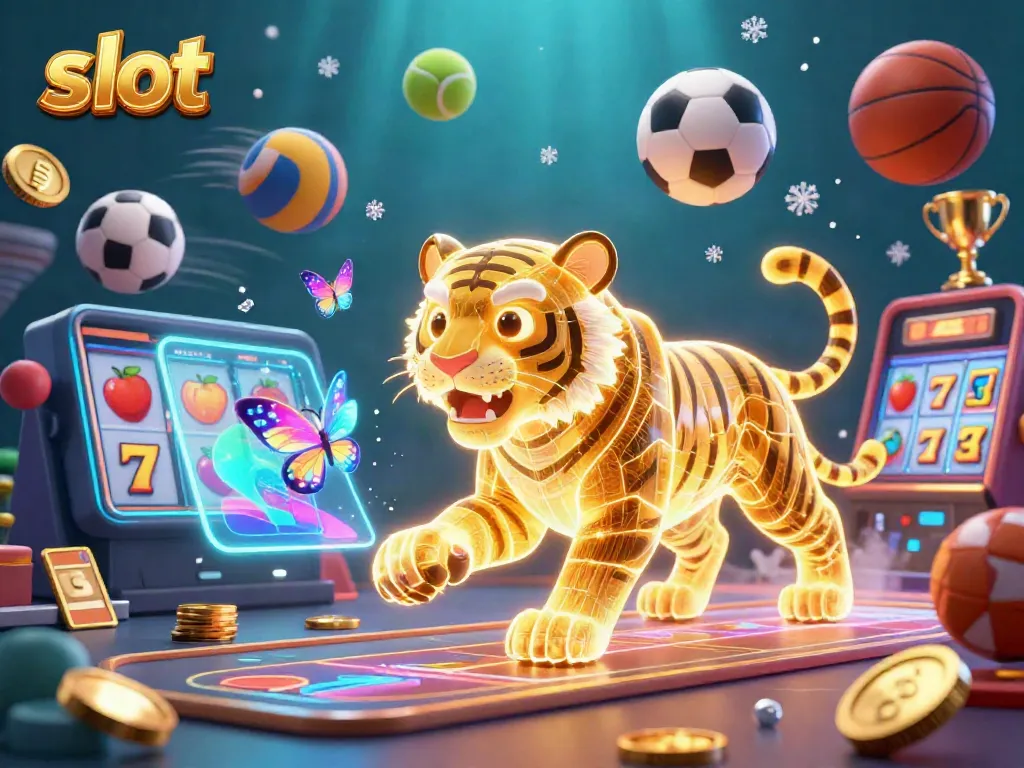 Engage with slot excitement in a dynamic casino illustration featuring vibrant elements and a golden tiger.