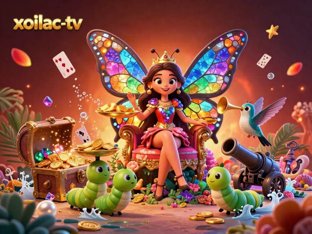 Engaging 3D butterfly queen scene showcasing vibrant xoilac-tv elements and casino motifs.