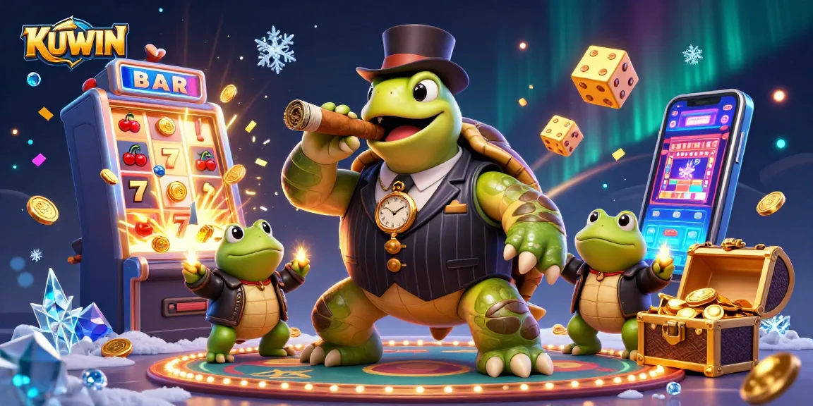 KUWIN illuminates the gaming scene with a massive turtle and bullfrogs amid vibrant casino elements.