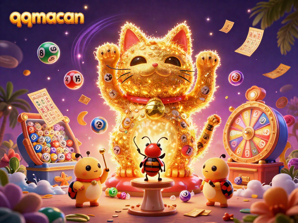 Engage with the vibrant qqmacan gaming scene featuring a lucky cat and dynamic casino symbols.