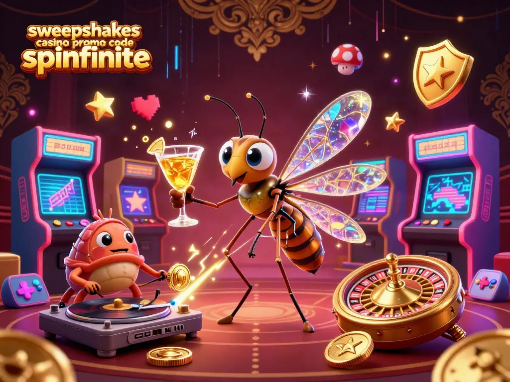 Spinfinite Casino promo code offers excitement and rewards with a vibrant gaming scene featuring 3D characters.