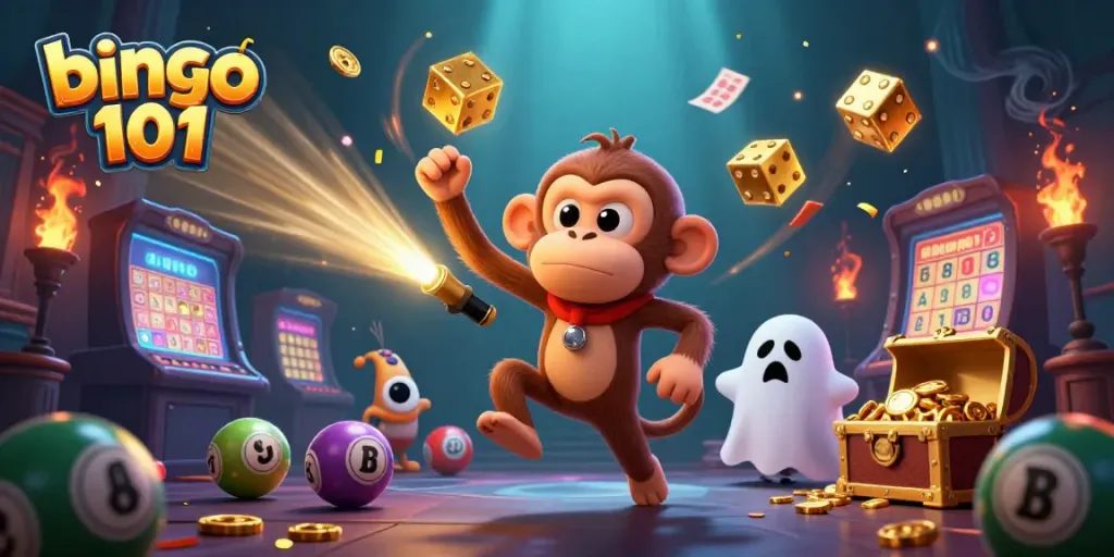 Mainkan bingo 101 dengan monyet poltergeist dan puppy berburu hantu di aula bingo 3D yang ramai.