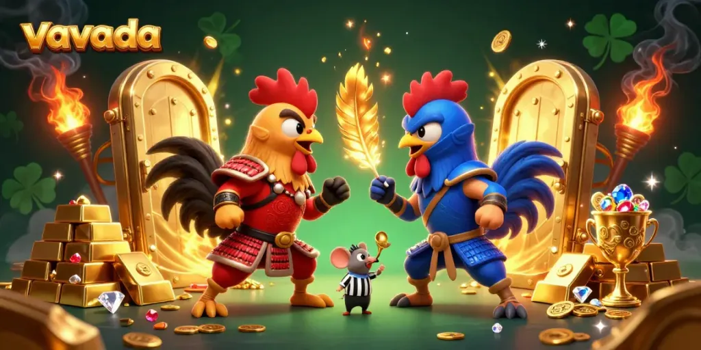 Vavada's dynamic scene showcasing fighting roosters amidst golden treasures, perfect for casino fans.