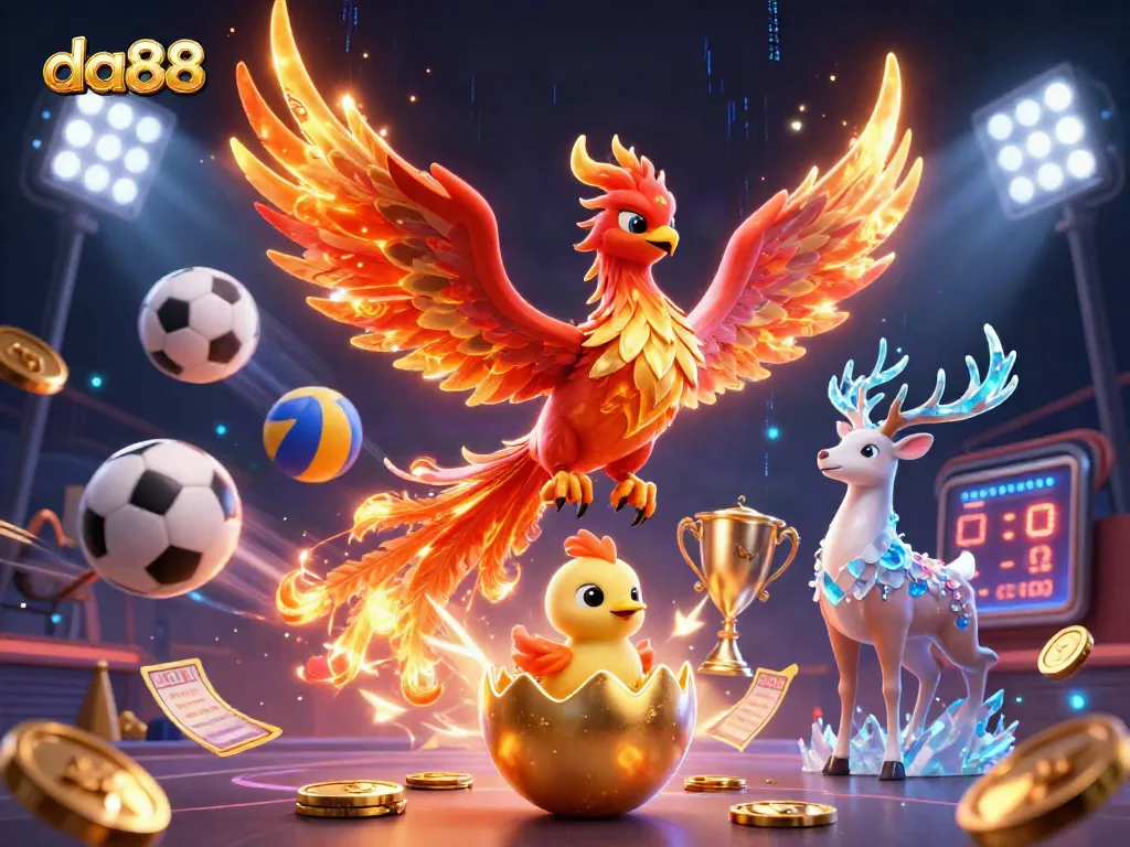 Engage in thrilling gameplay with da88 and a vibrant phoenix, trophy, and betting slips.