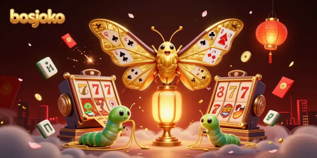 Bosjoko slot gaming scene with a majestic moth, lucky symbols, and dazzling casino elements