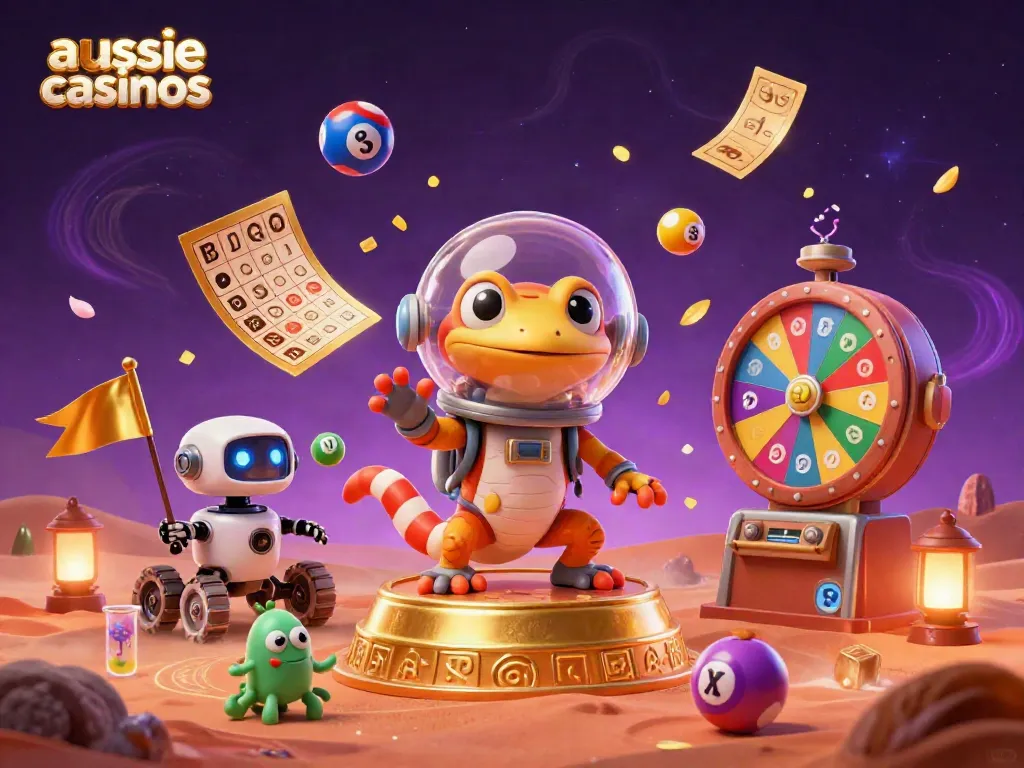 Aussie casinos shine in a dynamic 3D scene with Martian gecko, vibrant gaming elements, and cheering bacteria.