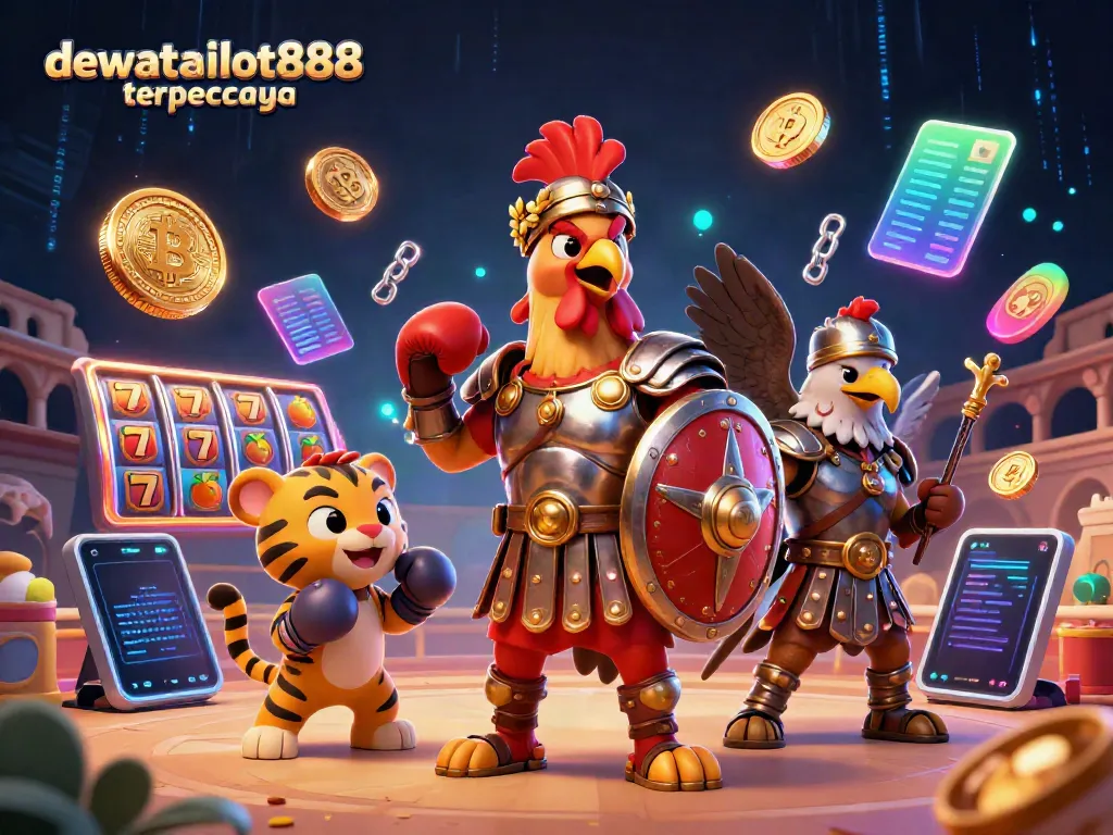 Mengalami keseruan bermain di DEWATASLOT888 terpercaya dengan ilustrasi ayam jantan dan simbol slot di arena colosseum.