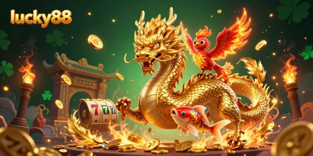 Experience vibrant action at lucky88 with a fierce dragon, a phoenix, and leaping koi in a dynamic casino-themed scene.