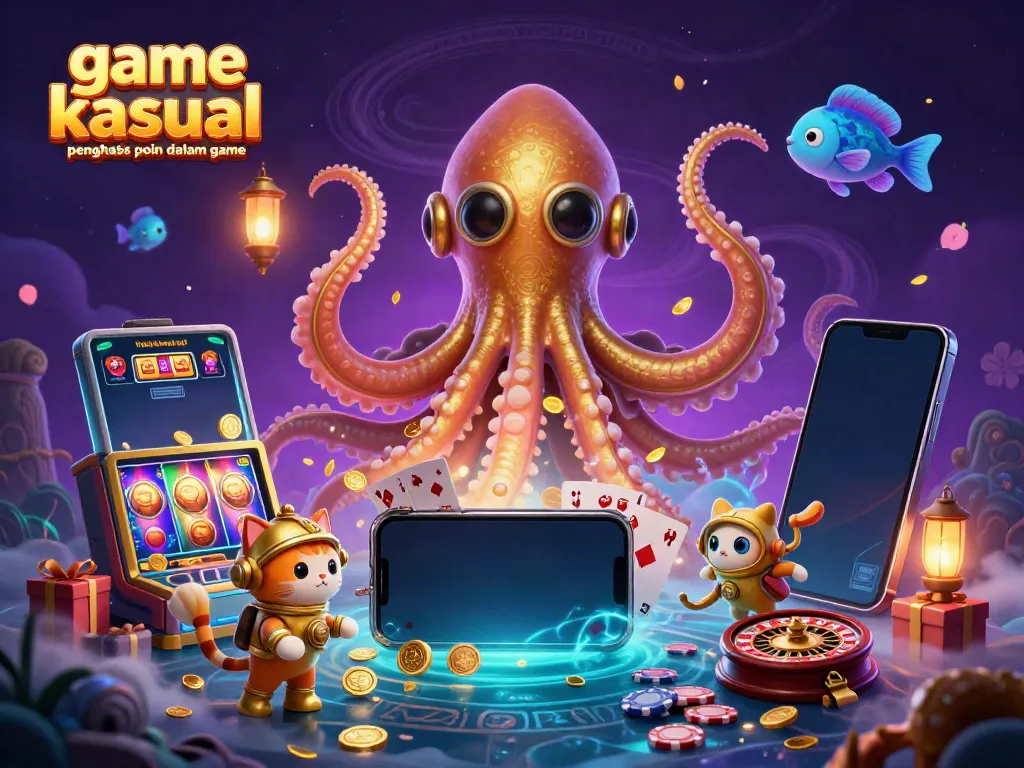 Permainan kasual penghasil poin dalam game menampilkan karakter 3D dan elemen kasino yang cerah.