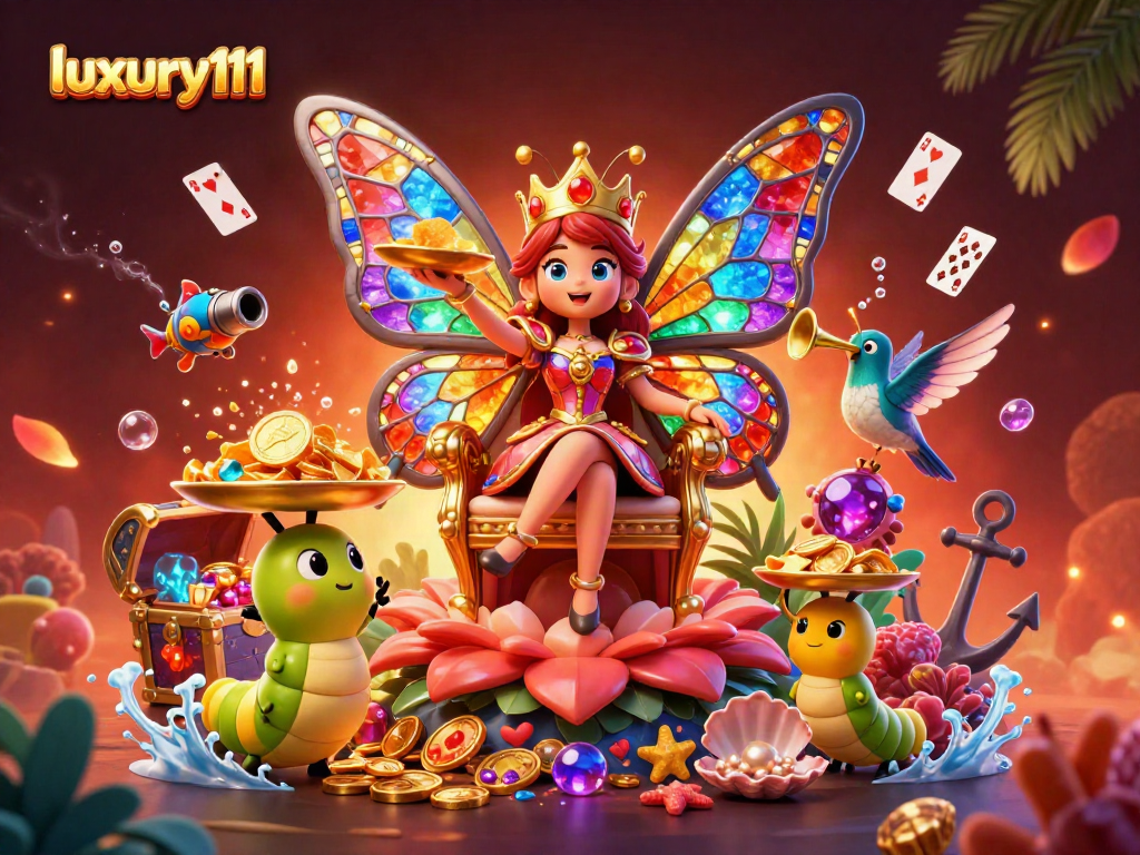 Play electronic games like luxury111 with a vibrant butterfly queen amidst gold coins and gems.
