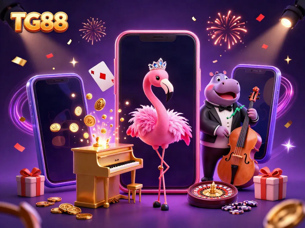Experience thrilling gameplay at TG88 with a vibrant casino scene featuring energetic performers and dynamic gaming elements.
