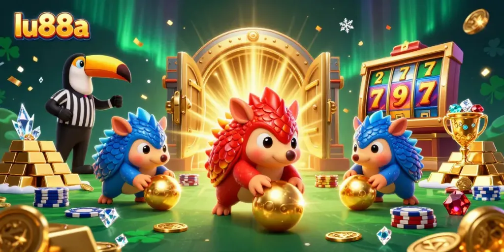 Bowling pangolins engage with poker chips, highlighting lu88a's casino excitement and gameplay.