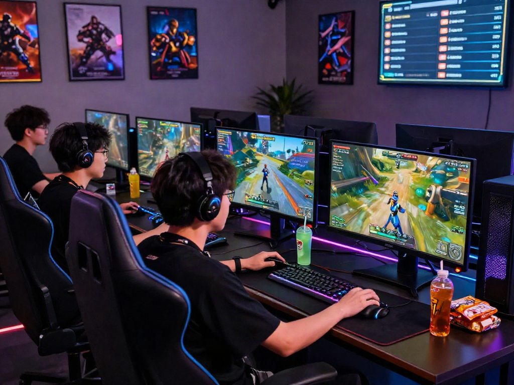 Engaging gaming session showcasing go8 players immersed in competition, highlighting dynamic visuals and vibrant gaming peripherals.