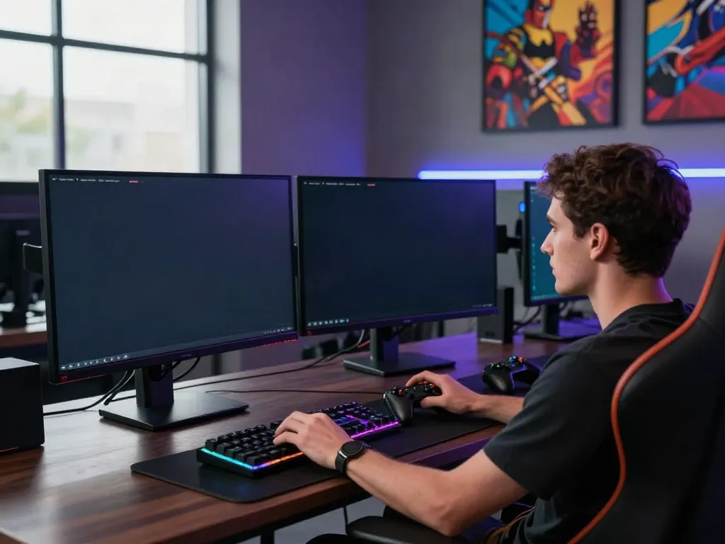 Engaging with batman138 login slot on a modern gaming setup with dual monitors and vibrant aesthetics.