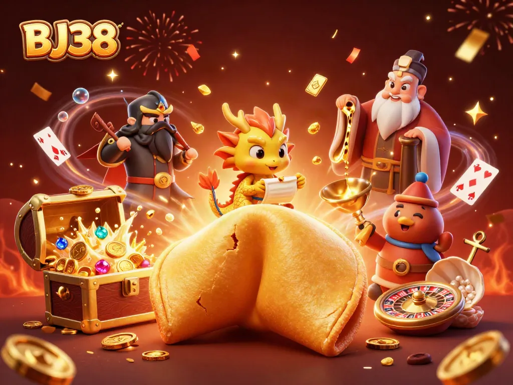 Engage in thrilling casino experiences with BJ38's vibrant depiction of gold, fortune, and luck in a magical atmosphere.