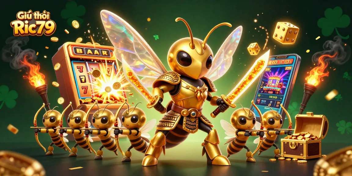 Engage with Giới thiệu Ric79 featuring a dynamic casino scene with hornet warrior and a jackpot explosion.