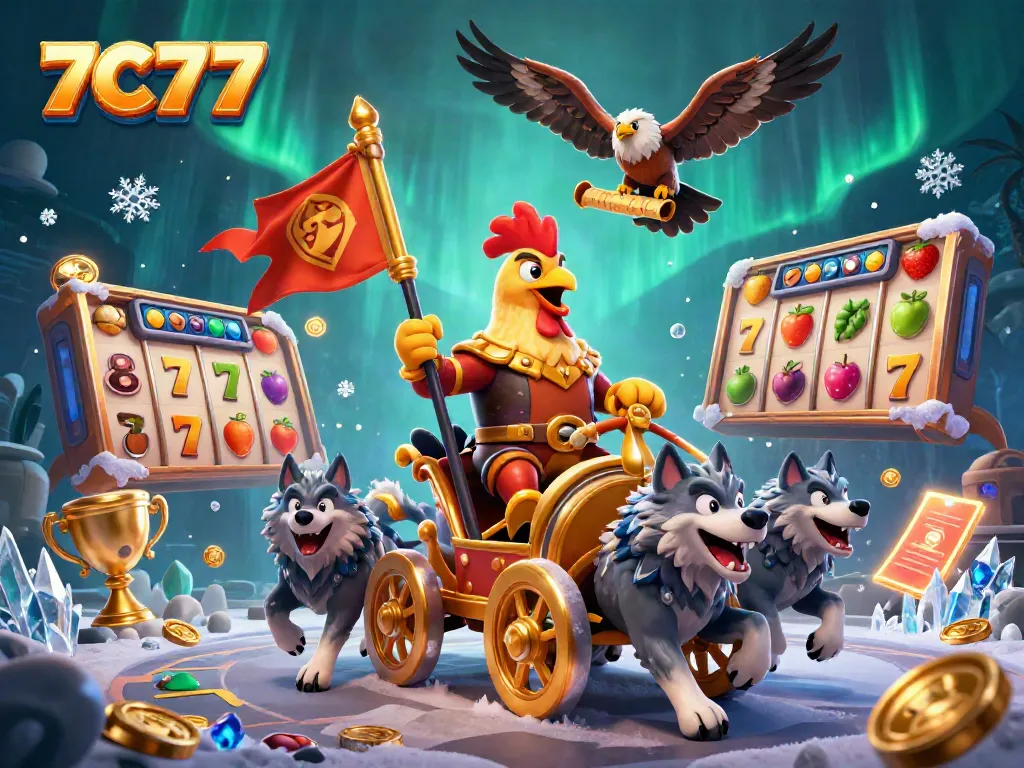 Experience the thrill of 7C77 with dynamic gaming elements in an action-packed casino scene.