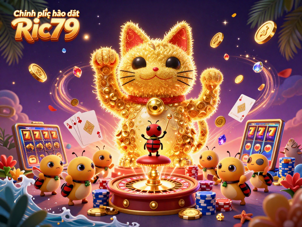 Experience the enchanting world of Chính sách bảo mật Ric79 with golden fireflies and dynamic casino symbols.