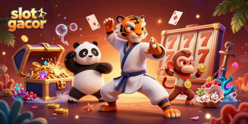 Experience the excitement of slot gacor with a lively scene of characters amid colorful slot game elements.