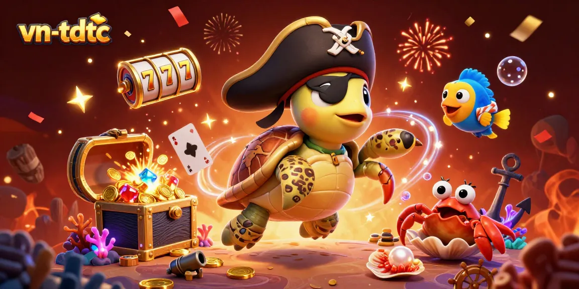 Engage with vn-tdtc's vibrant online casino scene featuring a pirate turtle and slot machine elements.