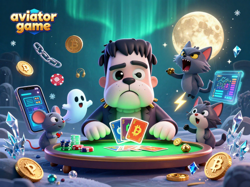 Experience the aviator game at an immersive casino with vibrant characters and crypto elements.