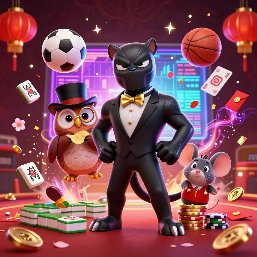 Panther, owl and mouse amid flying sports balls, chips, lanterns and neon casino effects.