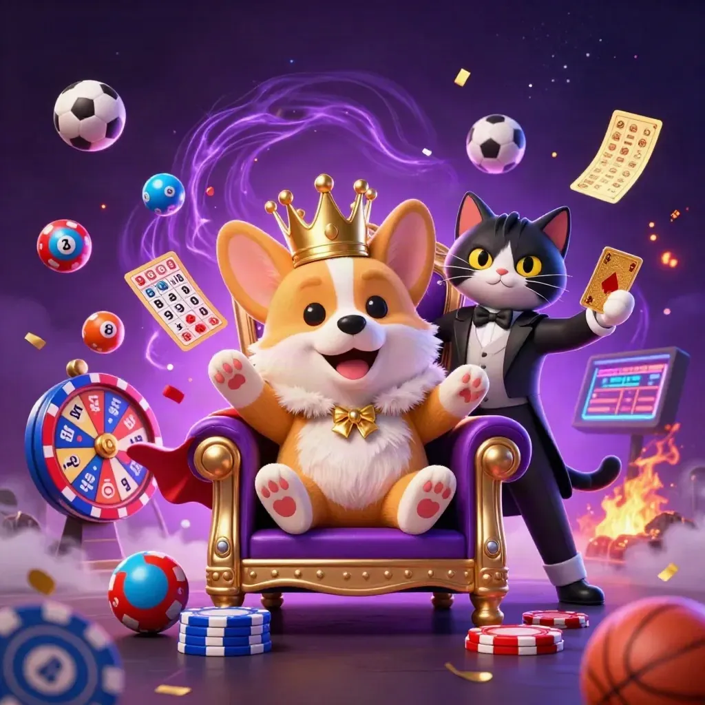 Crowned corgi and cat butler amid casino props, glowing balls, wheel, tickets, and neon effects.