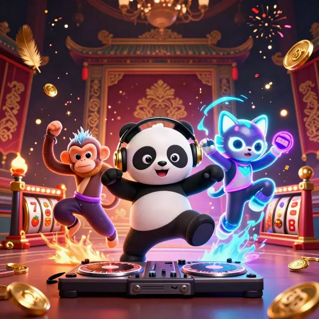 DJ panda, breakdancing monkey, and glow-stick kitten amid casino magic and fireworks