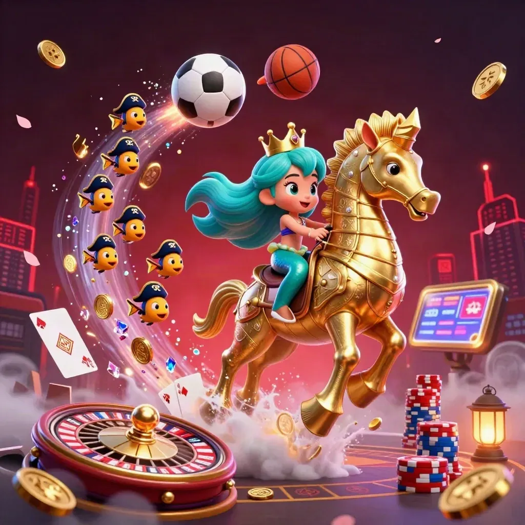 Mermaid princess on armored seahorse amid casino chaos, coins, cards, fish, and glowing sports balls.