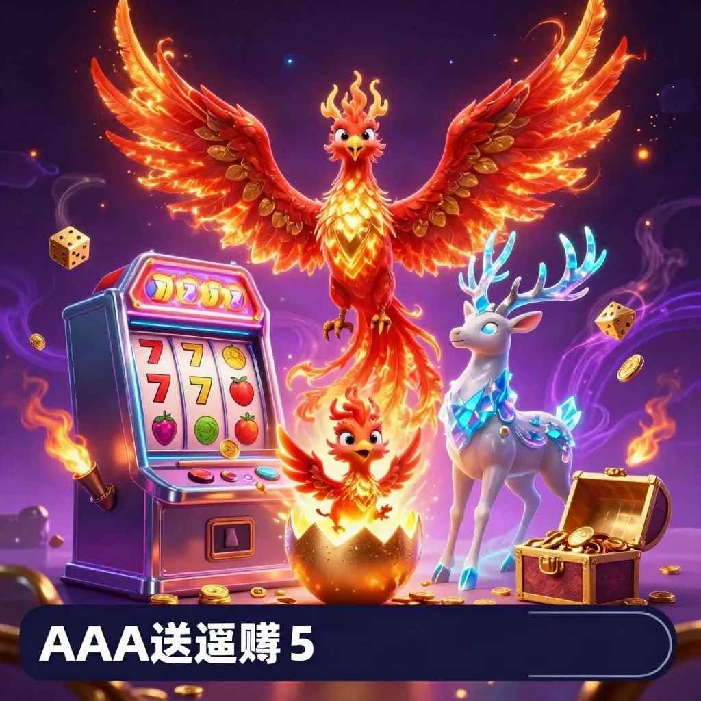 Fire phoenix, baby phoenix, and crystal stag with neon slot machine bursts in casino key art.