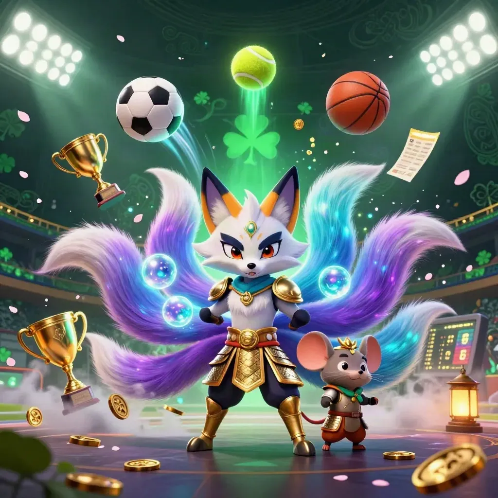 Neon fox spirit and armored mouse amid flying sports balls, coins, and stadium lights.