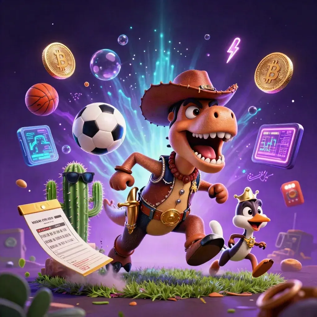 Cowboy T-Rex, cactus, and roadrunner amid neon sports and crypto effects