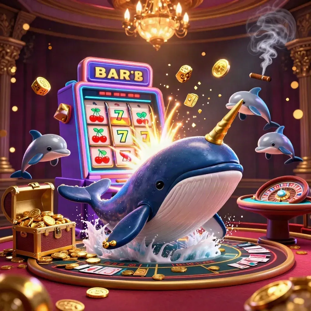 Whale, narwhal, and dolphins burst through coins in a luxe casino hall with slot rays and gold glow.