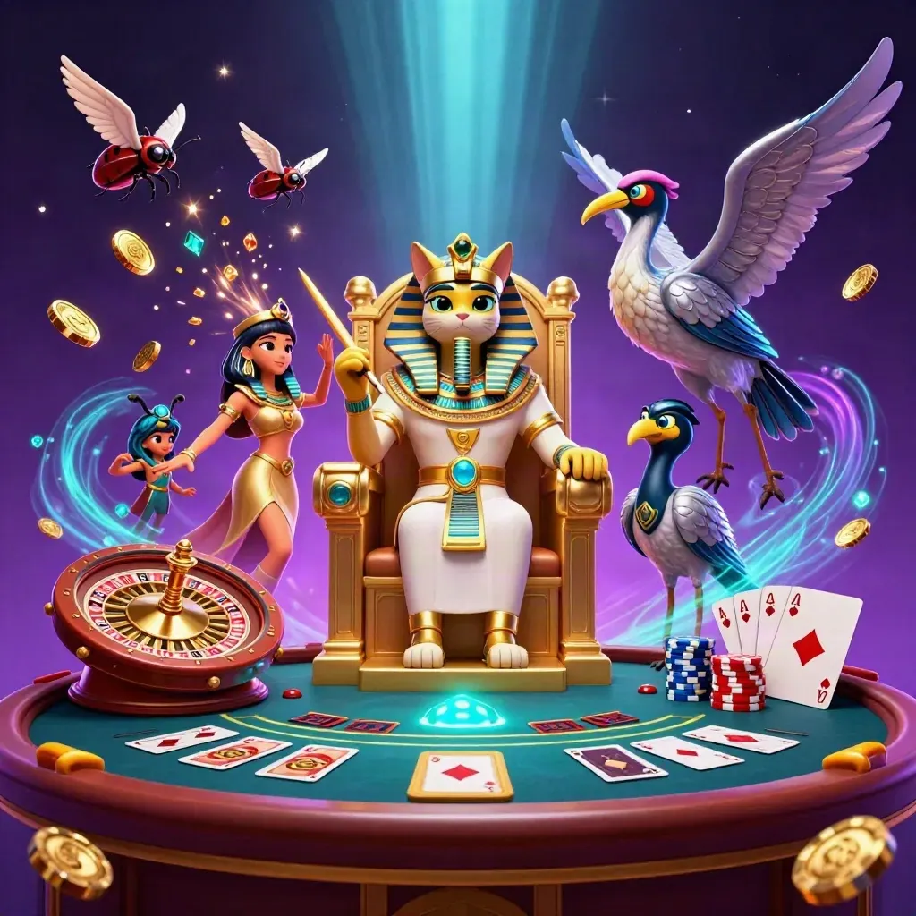 Egyptian cat king, ibis scribe and scarab sprites amid casino lights, coins, cards, chips, and a roulette wheel.