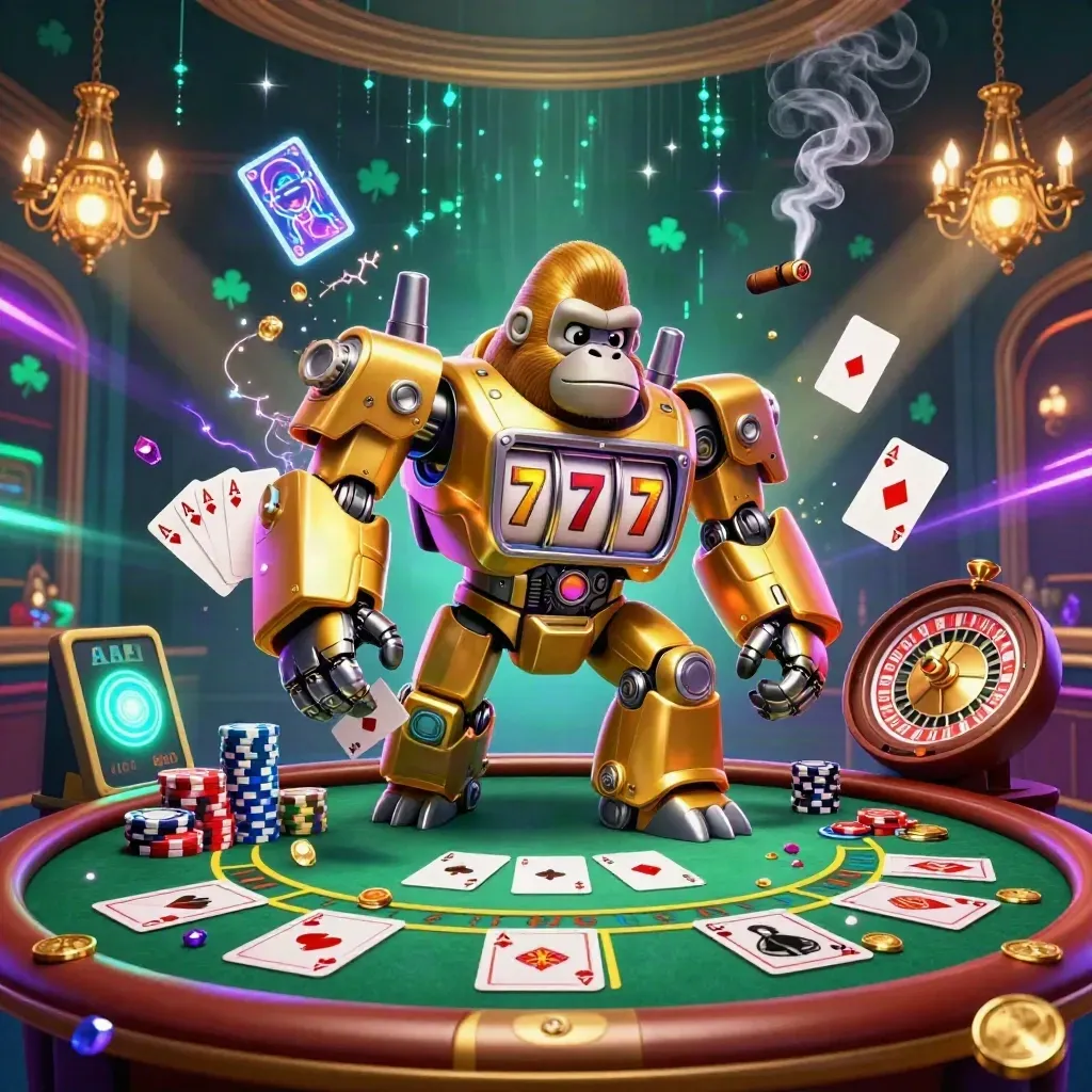Golden gorilla mech with monkey pilot amid casino cards, chips, and neon energy.