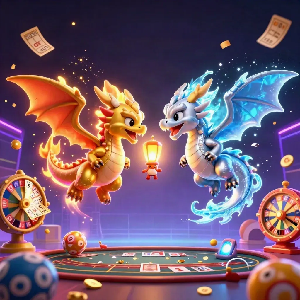 Gold and silver dragons swirl with casino game props in a neon cinematic scene.