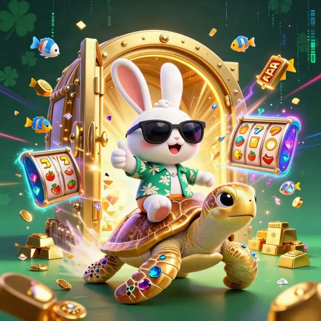 Lucky rabbit rides a gem turtle through a glowing vault burst, with gold, gems, and neon casino energy.