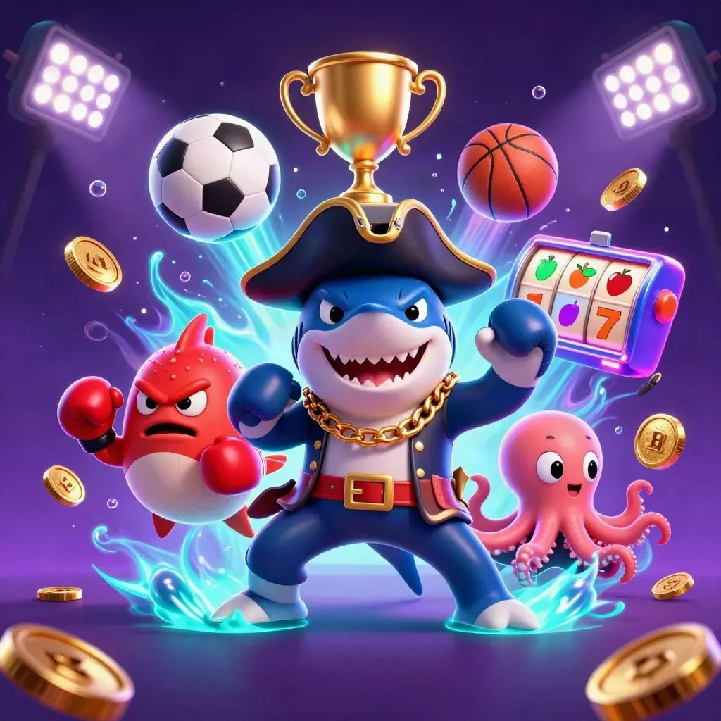 Pirate shark, boxing pufferfish, and juggling octopus amid neon treasure bursts.