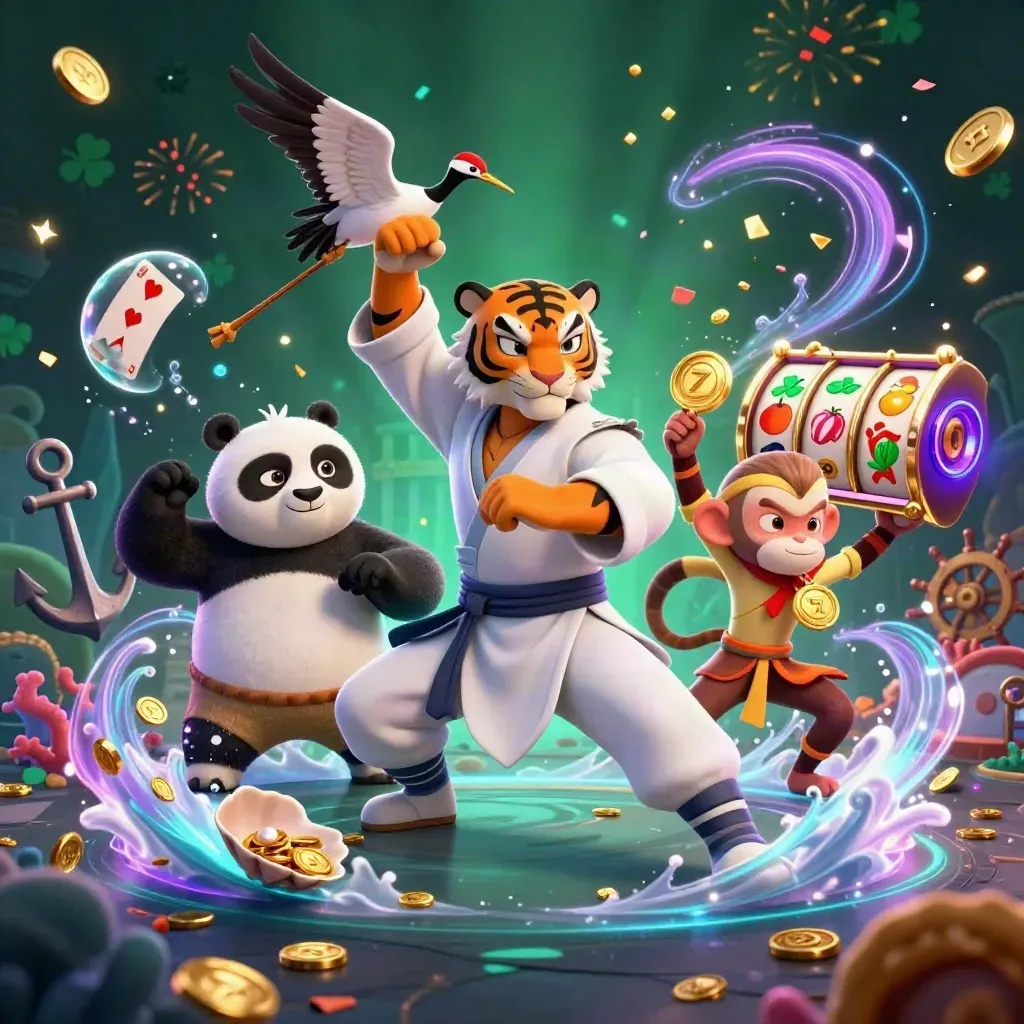 Tiger, panda, and monkey in a neon treasure cove with coins, coral, cards, and glowing casino effects.
