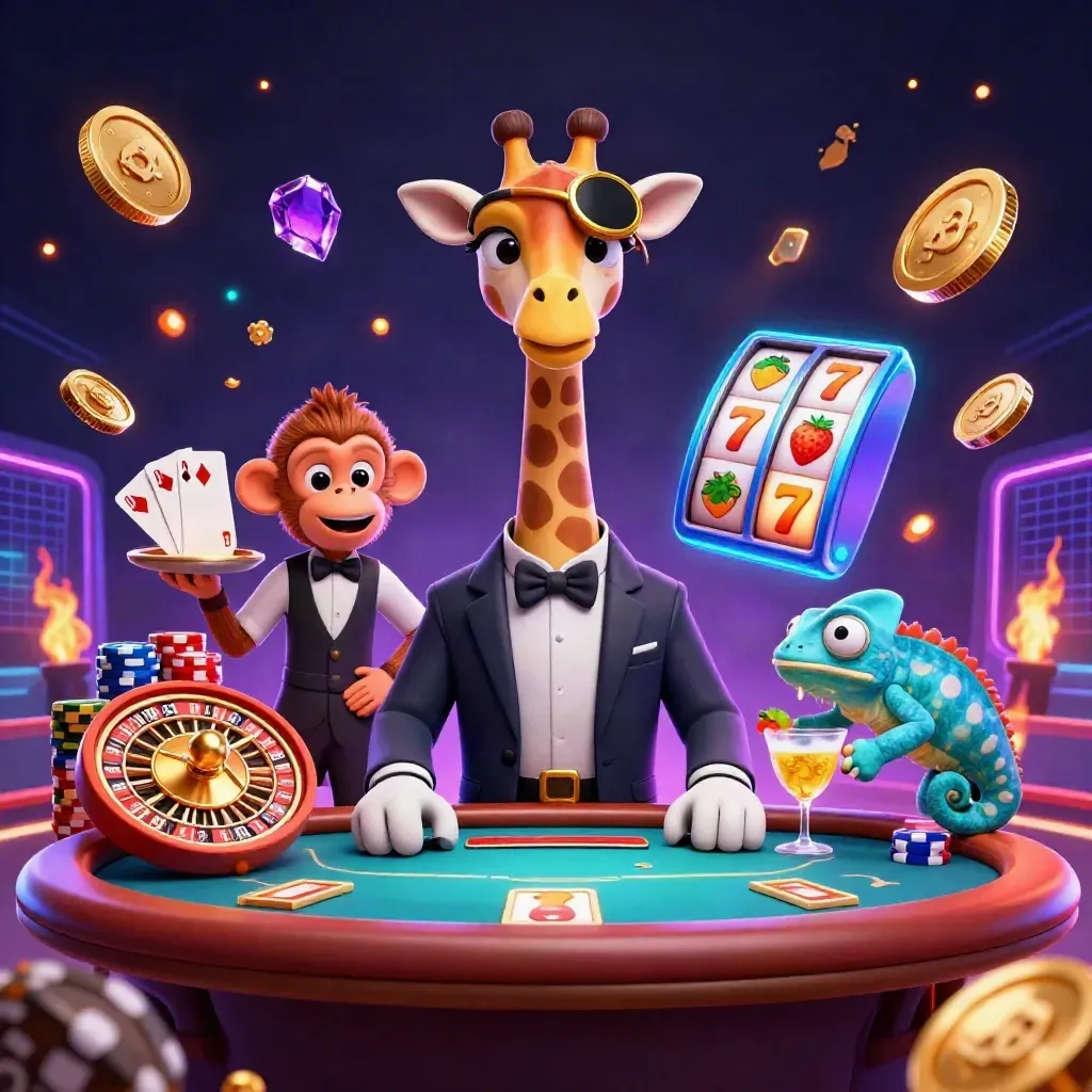 Neon casino key art with giraffe, monkey valet, and chameleon bartender amid coins, chips, and roulette.