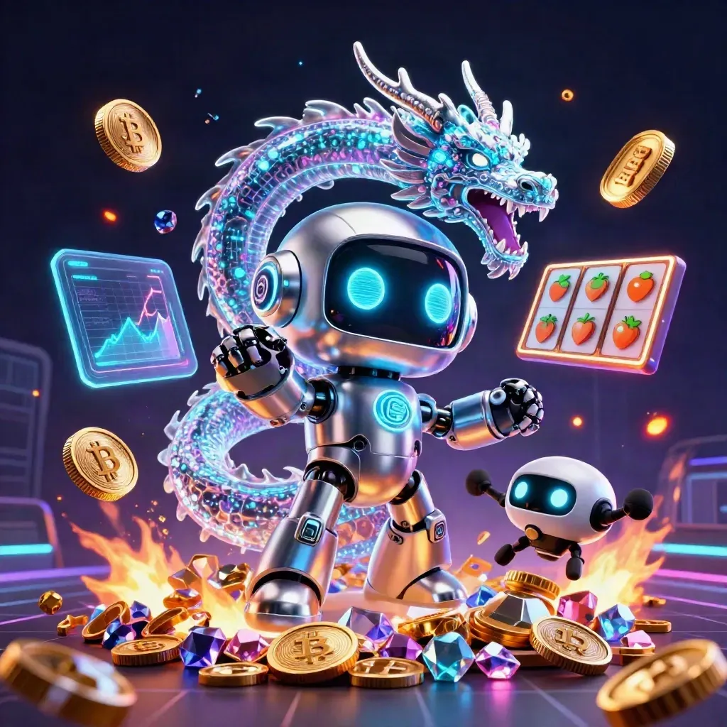 Cyberpunk robot, holographic dragon, and coin drone burst with neon treasure on a dark casino grid.