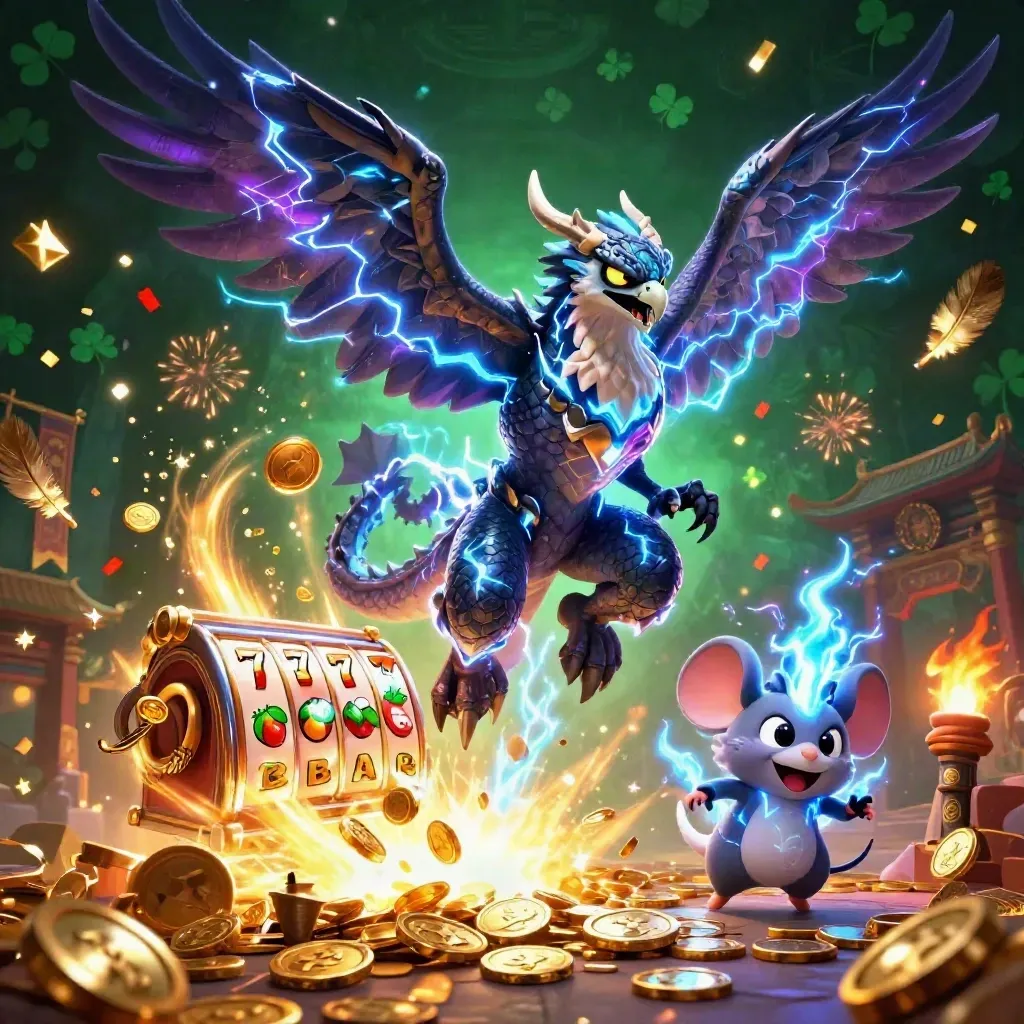 Thunder dragon, wind hawk, and static mouse amid coins, fireworks, temple gate, and slot symbols.