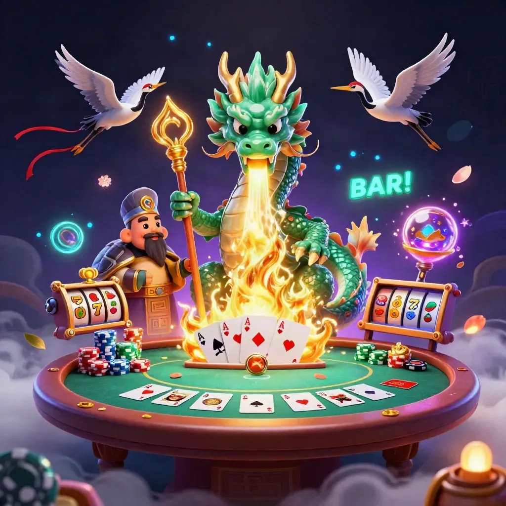 Jade dragon, turtle sage, and cranes amid casino props, gems, and neon violet magic.