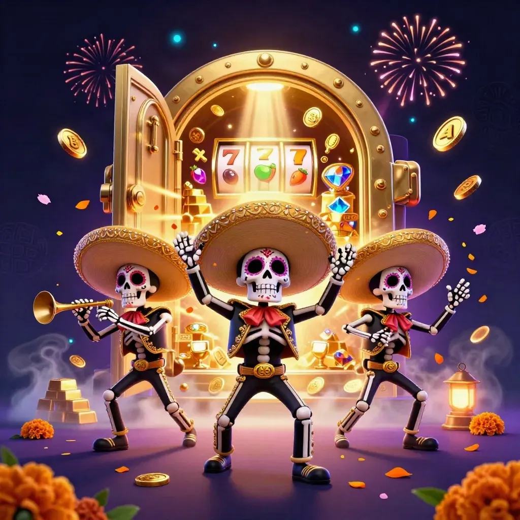 Skeleton mariachi trio bursts from a gold vault amid coins, gems, fireworks, and neon casino glow.