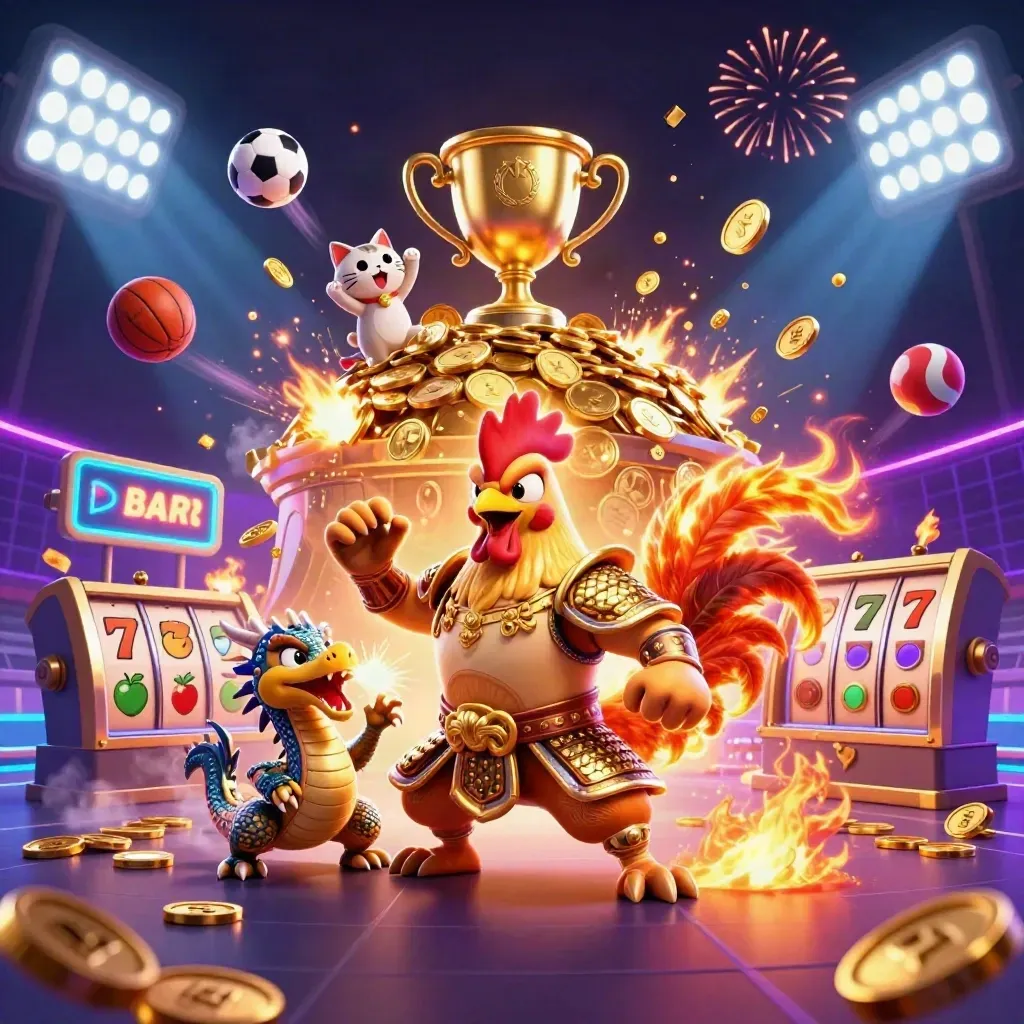 Rooster warrior, dragon hatchling, and fortune-cat amid vault burst, coins, fireworks, and sports balls.