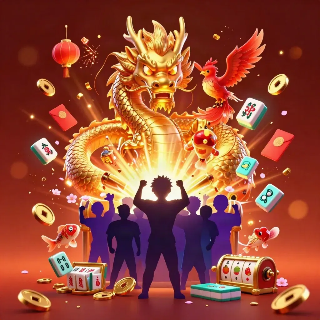 Golden dragon, phoenix, and koi amid coins, lanterns, fireworks, and slot symbols.