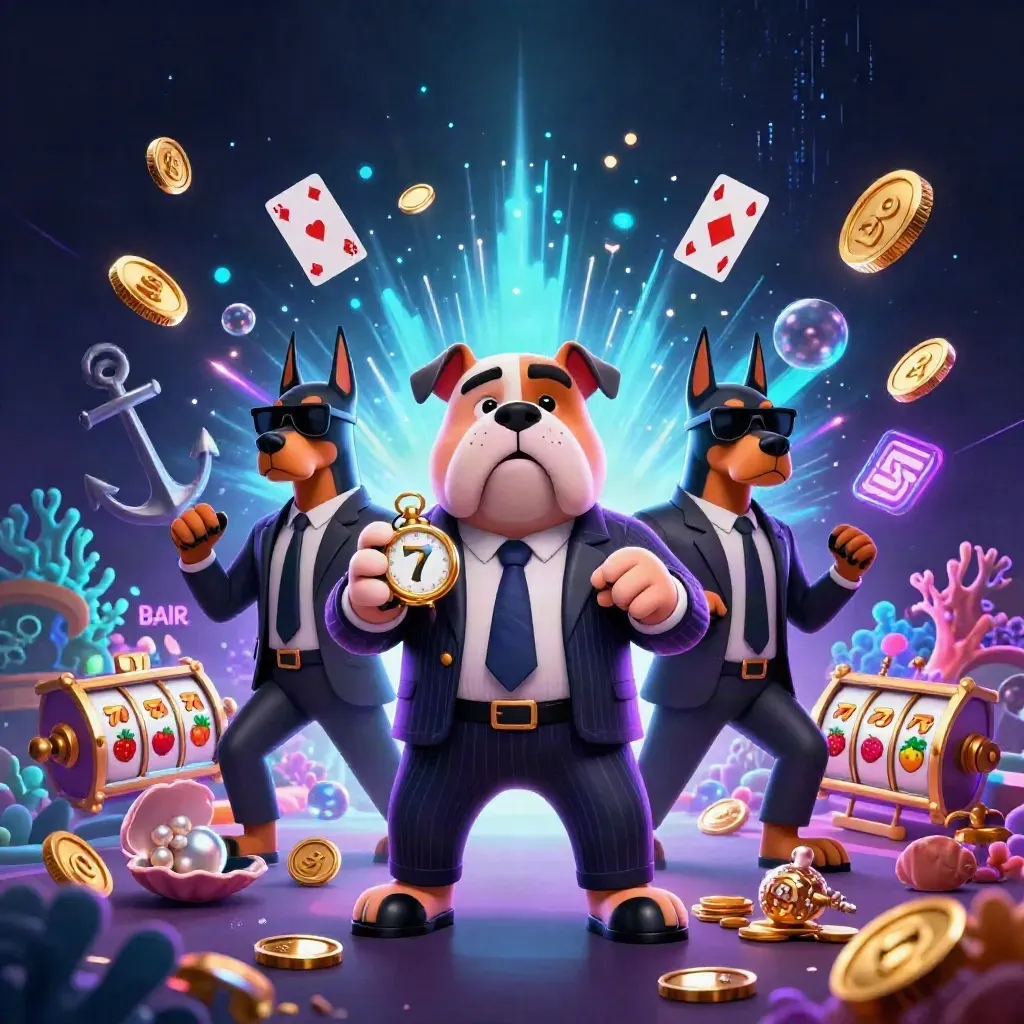 Cartoon mafia bulldog and two bodyguards amid coins, coral, reels, and neon treasure explosion.