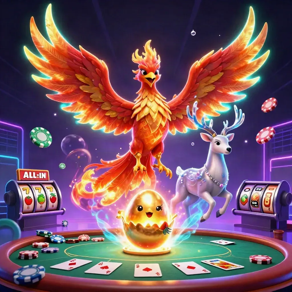 Fire phoenix, baby phoenix, and crystalline stag amid casino chips, cards, reels, and neon glow.