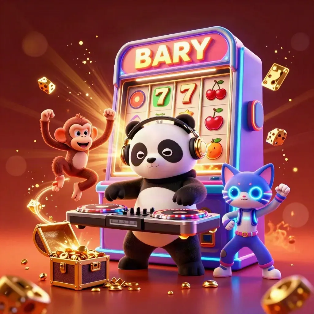 DJ panda, monkey, and kitten burst from a jackpot slot machine in neon casino style.